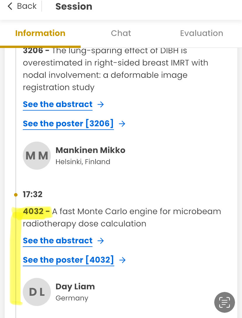 The_PT_Explorer's tweet photo. Day4 #ESTRO26 #SFRT journey:
1️⃣ #Minibeam #radiotherapy induces mild hyperactivity with limited acute neurotox in mice by Thomas Schmid #Radiobiology 
2️⃣A fast Monte Carlo engine for #microbeam #radiotherapy dose calculation by Liam Day - #MedPhys  
▶️Digital @ESTRO_RT: eg #SFRT https://t.co/55ZCY5UNEZ