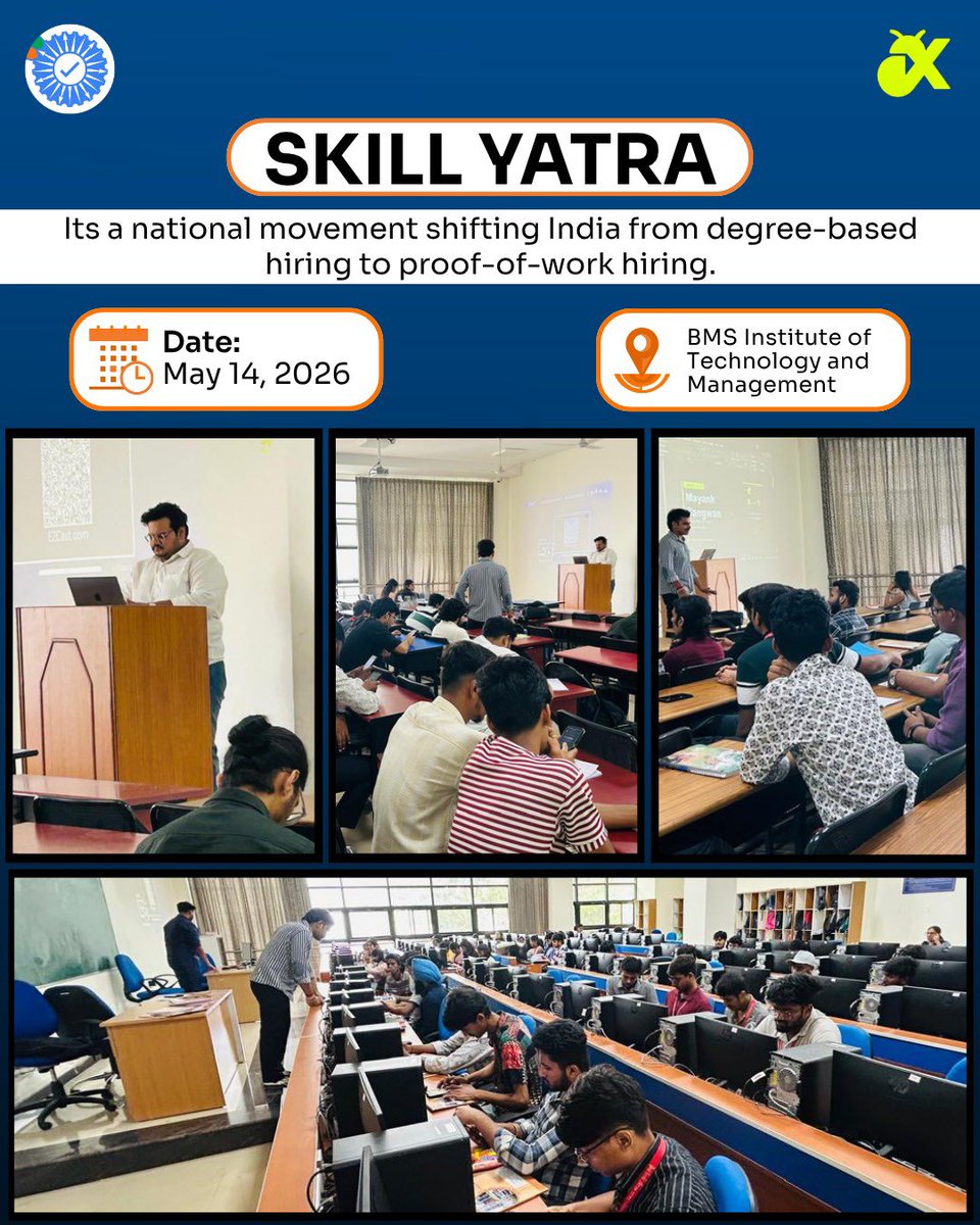 skill_passport's tweet photo. Paper degrees are losing leverage. The market demands proof, not promises

Stop 3 of the Skill Yatra at BMSITM (May 14, 2026) was all about execution. We handed students the blueprint to turn projects into verifiable assets via Skill Passport. Your proof-of-work is your resume https://t.co/7N47IERVmU