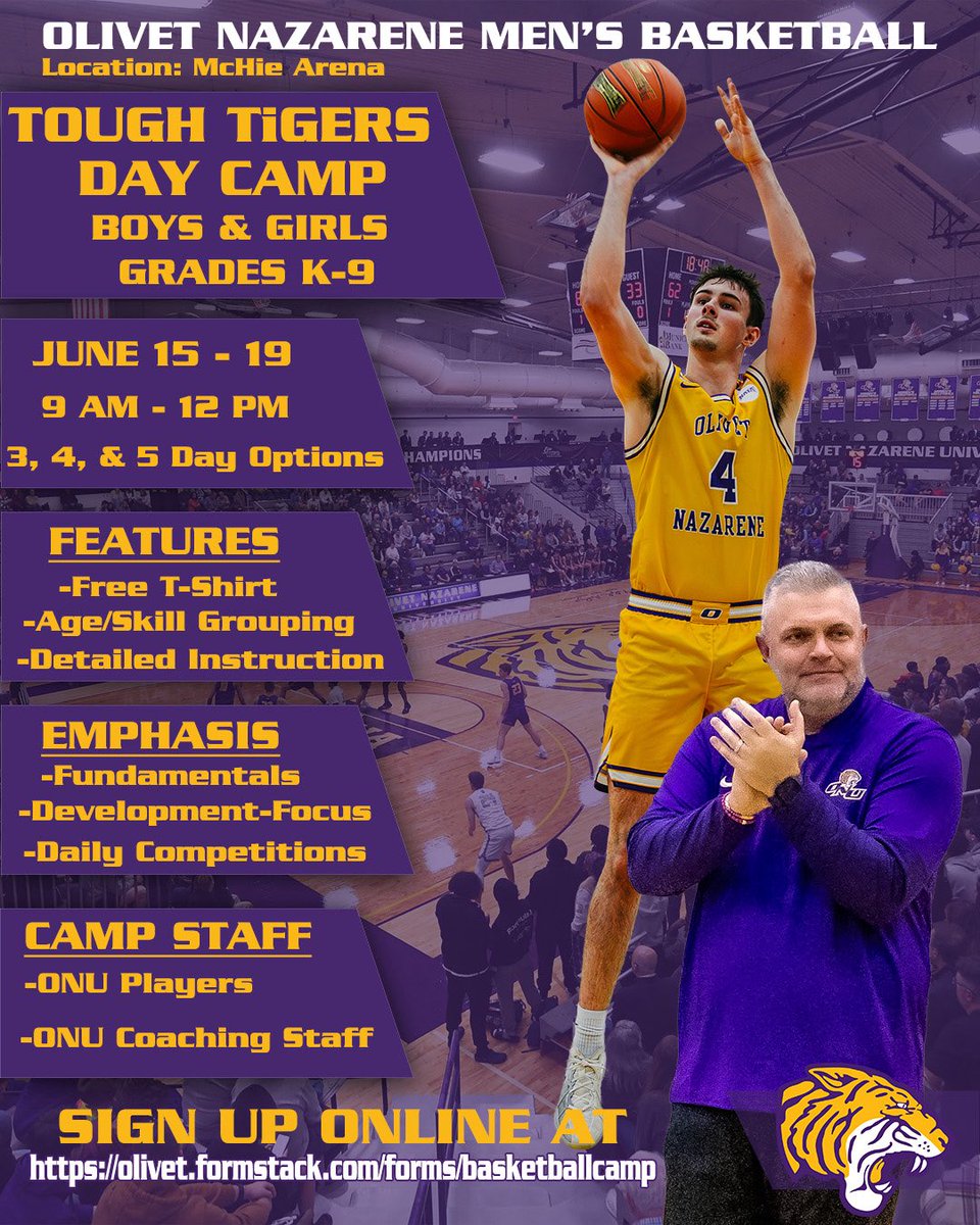 ONUHoops's tweet photo. 🚨2026 SUMMER CAMPS🚨 
SIGN UP NOW!
Less than 3️⃣0️⃣ days until camps begin!  Register below! Tough Tigers Day Camp (June 15-19) &amp; Elite Prospect Overnight Camp (June 21-23) #TiGERTOUGH @ONUAthletics @olivetnazarene https://t.co/fnV2ZrD9W4 https://t.co/elT3mpuChN