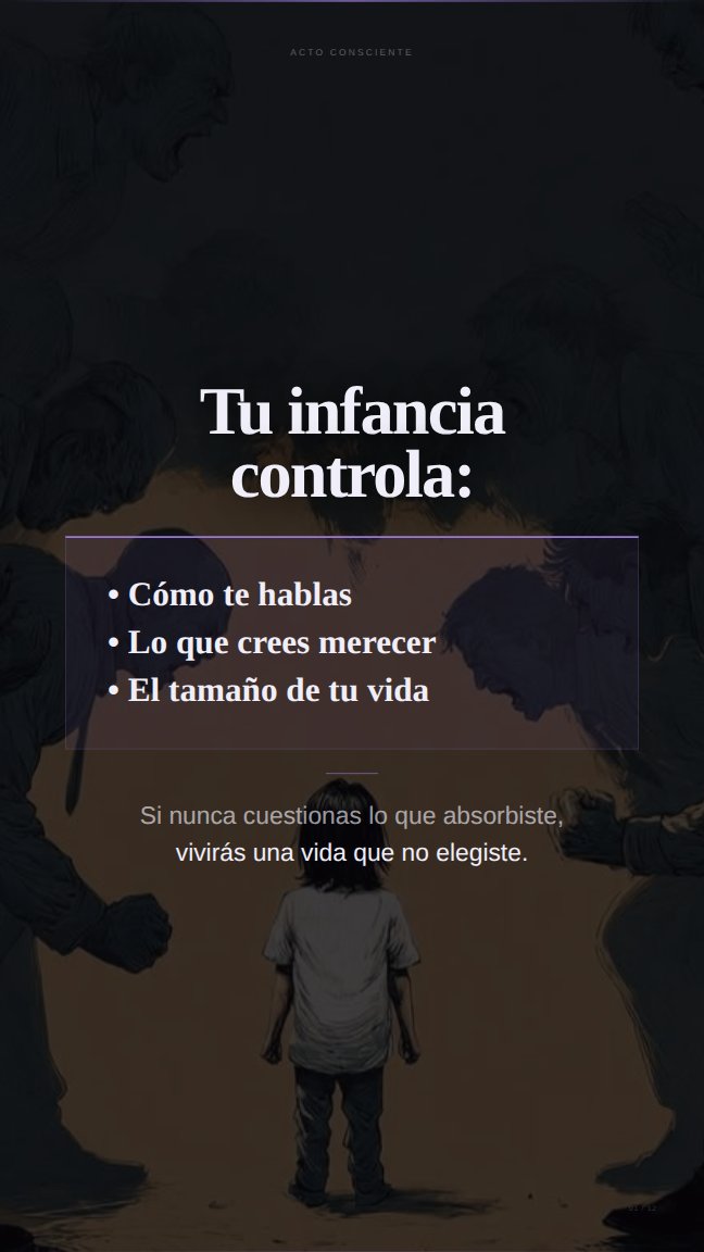 acto_consciente's tweet photo. Tu infancia controla:

— Cómo te hablas
— Lo que crees merecer
— El tamaño de tu vida

Las creencias con las que vives hoy no las elegiste.

Las eligió alguien que tampoco las eligió.

Antes de los 7 años el cerebro opera en ondas theta. 

Sin filtro crítico. 
Sin capacidad de cuestionar. 

Todo lo que el entorno transmite entra como verdad absoluta. 

Un niño no analiza. Absorbe. 

Y si escucha algo suficientes veces, lo convierte en identidad. 

Aunque sea mentira.

Tus padres tampoco eligieron esas creencias. 

Las absorbieron de los suyos. Y los suyos de los anteriores. 

El trauma, el miedo y la escasez también se heredan.

Por eso hay personas que quieren avanzar y sabotean cada oportunidad sin entender por qué. 

La mente defiende la prisión. 

Porque lo familiar se siente seguro aunque duela.

Una creencia aprendida puede desaprenderse.

Pero primero tienes que dejar de llamar "personalidad" a programas heredados.

Tus límites no siempre son tuyos. 

A veces son ecos. 

Frases antiguas sobreviviendo dentro de personas nuevas.

Quizá te tocó a ti cuestionarlos.
→ https://t.co/AZy6jQdaNK