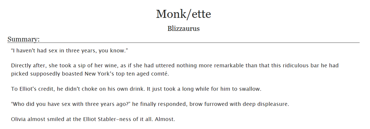 100blizzaurus's tweet photo. Finally wrote another eo fic !

***

Olivia and Elliot discuss their respective celibacies.

https://t.co/eurJSjx5Yh https://t.co/WhGnKrjFda