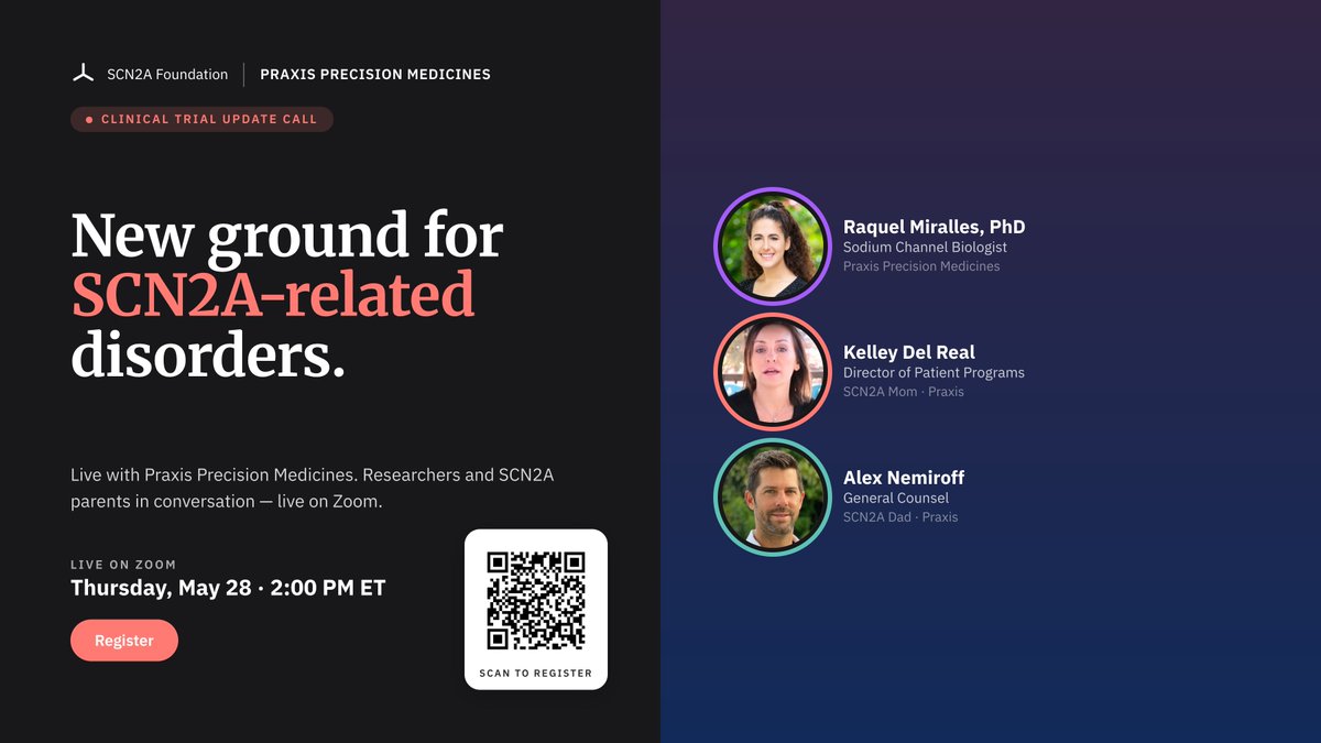 scn2agene's tweet photo. On May 28, the SCN2A Foundation is hosting @PraxisMedicines for a candid clinical trial update, built for families. This is our rescheduled call from April.

Thu, May 28 · 2:00 PM ET · Live on Zoom
Register → https://t.co/X7QusYQeK0

#SCN2A #CureSCN2A https://t.co/3FPQDRPgMU
