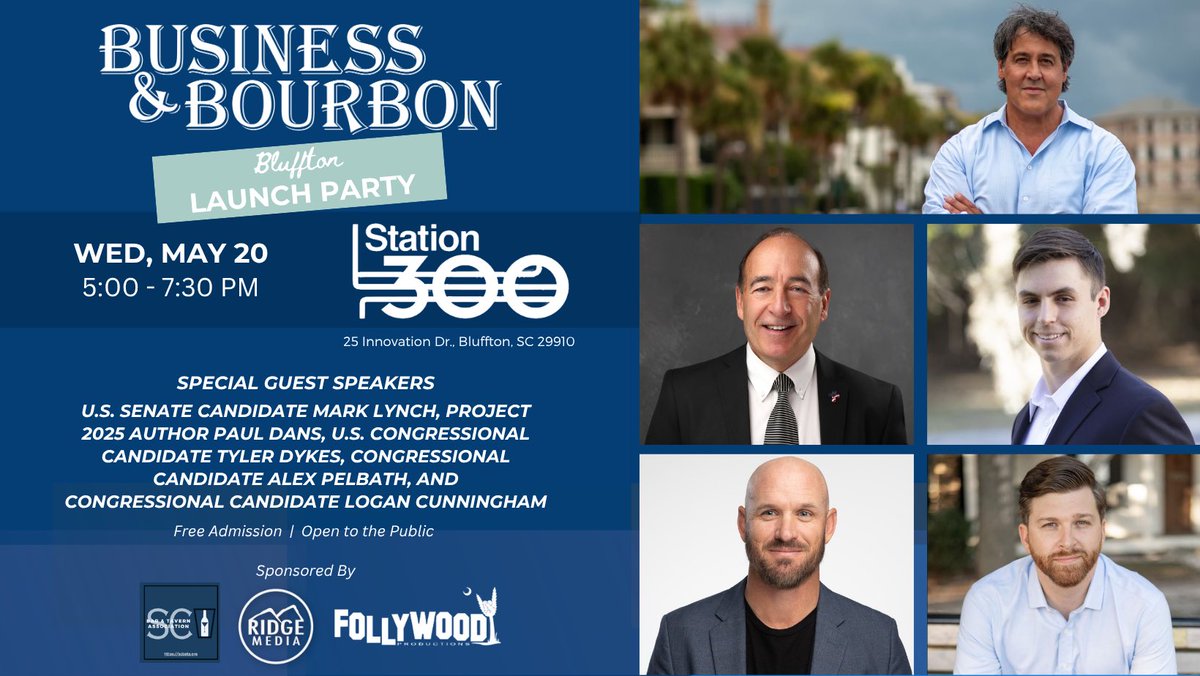 FollywoodRocks's tweet photo. THIS Wednesday:

SC Business & Bourbon Beaufort County Launch Party May 20th at Station 300 in Bluffton with U.S. Senate Candidate @MarkLynchSC, Congressional Candidates @Mr_MAGA1776, @Dykes4Congress and @PelbathForSC, and Project 2025 Author @PaulDans4SC.

5-7:30pm. Free admission. Open to the public.

A Follywood Event. Sponsored by the South Carolina Bar & Tavern Association and Ridge Media.

This event was originally to be hosted by The Fillin’ Station in Beaufort, but has been moved to Station 300.

Station 300 is located at 25 Innovation Dr., Bluffton, SC 29910.

Bring a friend or coworker. Come thirsty. Tell the others… 🤝🥃

https://t.co/i1anlGu3iY