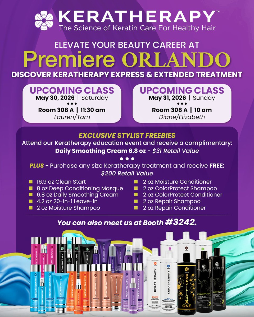 Keratherapy's tweet photo. ✨ Join Keratherapy at Premiere Orlando 2026 ✨

Discover eco-friendly, formaldehyde-free keratin treatments for flawless results 💇‍♀️🌿

📍 Booth #3242
🎁 $200+ stylist freebies
📚 Classes with Lauren Fushee &amp; Diane Puccio
#Keratherapy #PremiereOrlando #KeratinCare https://t.co/Nxcm3u5Hbp