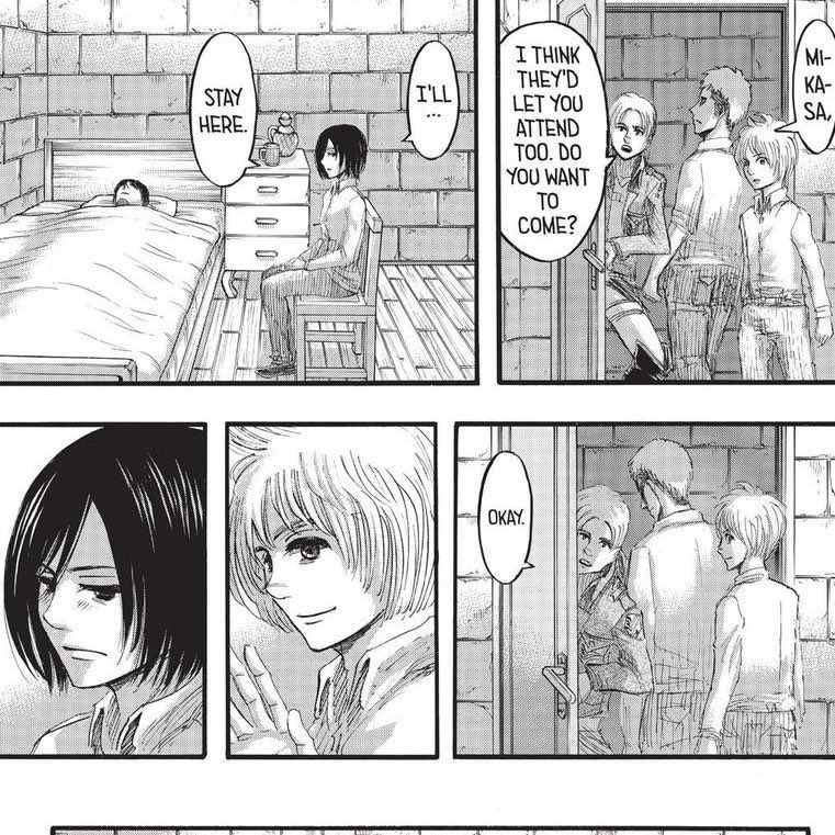 mikasababymama_'s tweet photo. The fact we could have gotten Armin teasing Mikasa about Eren but instead we got a shot of Jean being envious over Eren for the 50th time. To me this change was so unnecessary idc https://t.co/3D5j8vepCw