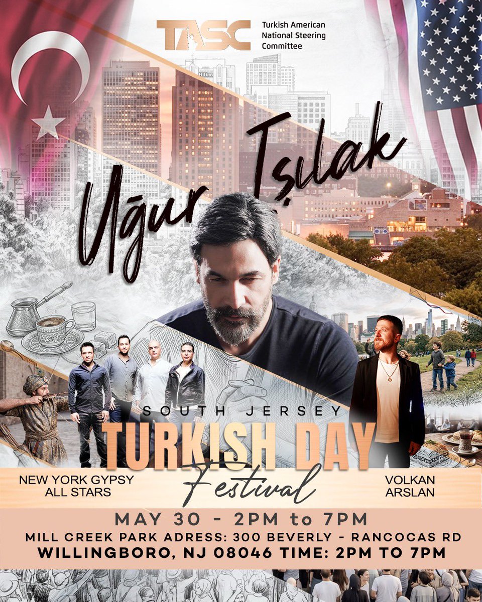 ourtasc's tweet photo. 30 Mayıs’ta Mill Creek Park’ta Büyük Türk Festivali!

Türk kültürünü, müziğini, lezzetlerini ve festival coşkusunu hep birlikte yaşamak için tüm vatandaşlarımızı bekliyoruz.

🎶 Uğur Işılak
🎤 Volkan Arslan
🎼 New York Gypsy All Stars

🗓️ 30 Mayıs
⏰ 2:00 PM – 9:00 PM
📍 Mill Creek Park
300 Beverly - Rancocas Rd, Willingboro, NJ 08046

Ailenizle gelin, bu coşkuya ortak olun!

#TurkishFestival #SouthJerseyTurkishDay #TASC #WillingboroNJ