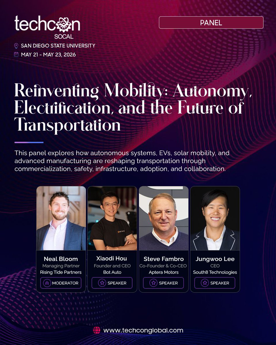 aptera_motors's tweet photo. Aptera Co-CEO Steve Fambro is on the "Reinventing Mobility" panel at TechCon SoCal this Saturday at SDSU, 11:20am. Learn more: https://t.co/2EDuQy2VqS https://t.co/FicoTxsHkO