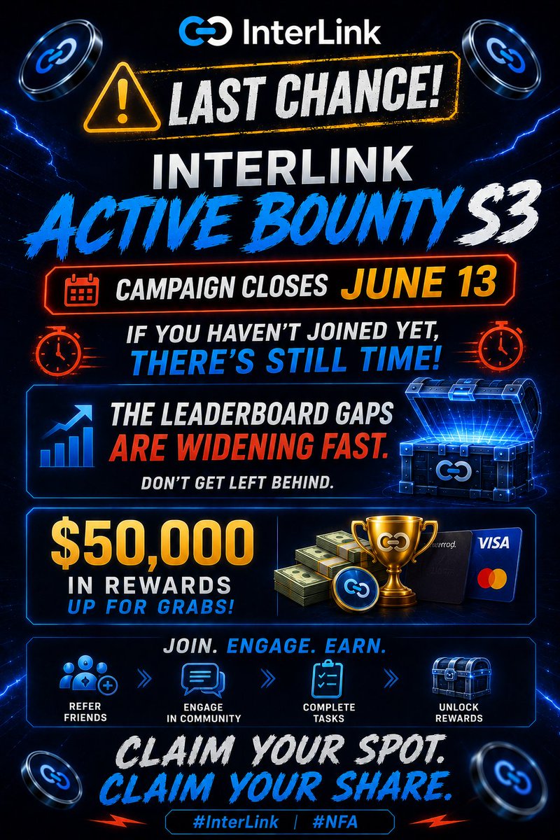 Revanth9493's tweet photo. Last Interlink Active Bounty S3! 🚨 The campaign ends June 13th, so if you haven't joined, now's your chance! ⏳ With $50,000 in rewards up for grabs, don't miss out. Join, engage, and earn!  #Interlink #ITLG #ITL #ITLX

@chakri_prince11 
@kv_interlink 
@queentanisaX 
@reina_itl https://t.co/d7fAyGn3HQ