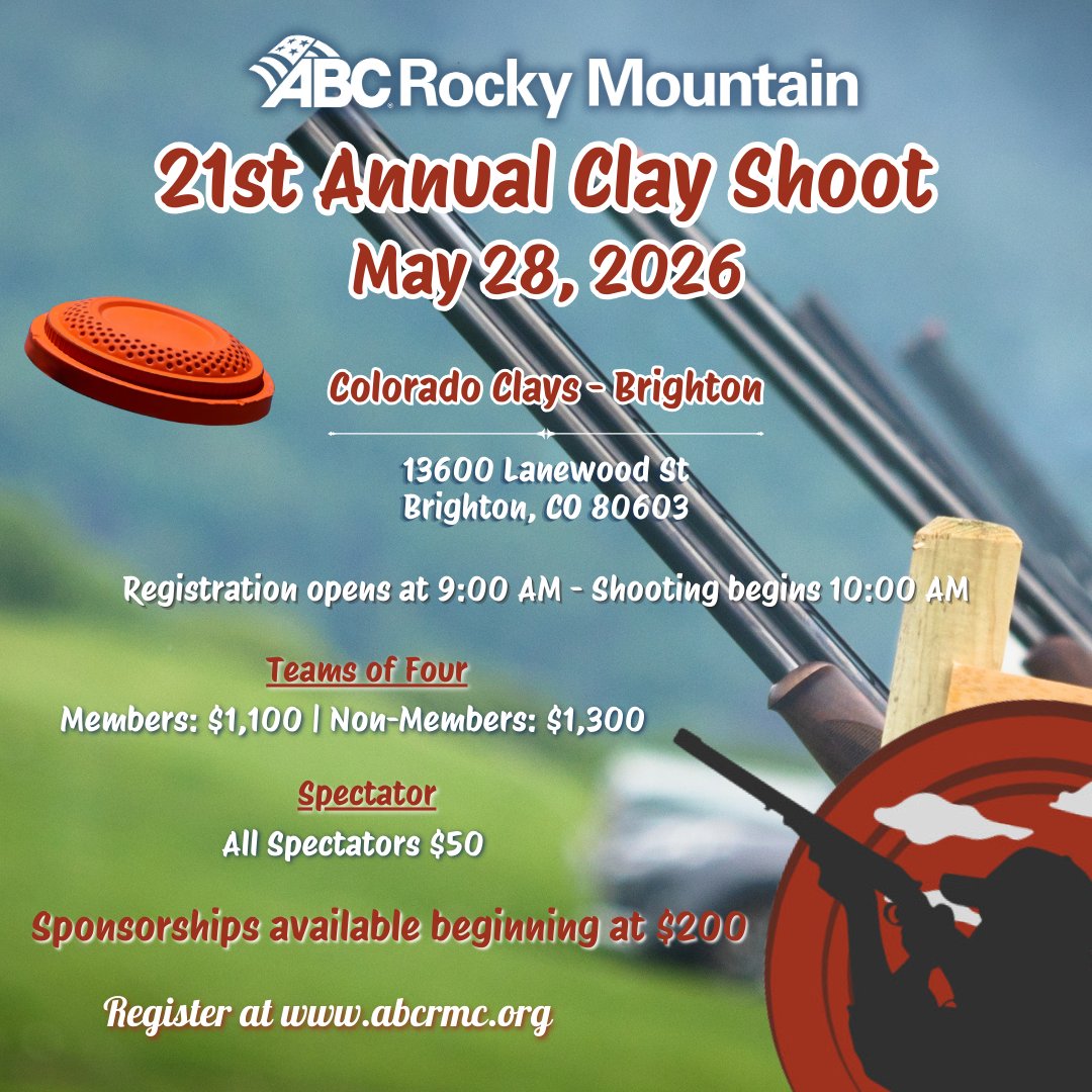 ABCRMC's tweet photo. There's still a few spots available!  Make sure you don't miss out on our 21st Annual Clay Shoot at Colorado Clays!  Enjoy beautiful scenery, some friendly competition and the best company in the industry!  Register today at https://t.co/IBy6KlIDsO #ABCMeritShopProud #ABCRMC https://t.co/3Myzrjj3Lq