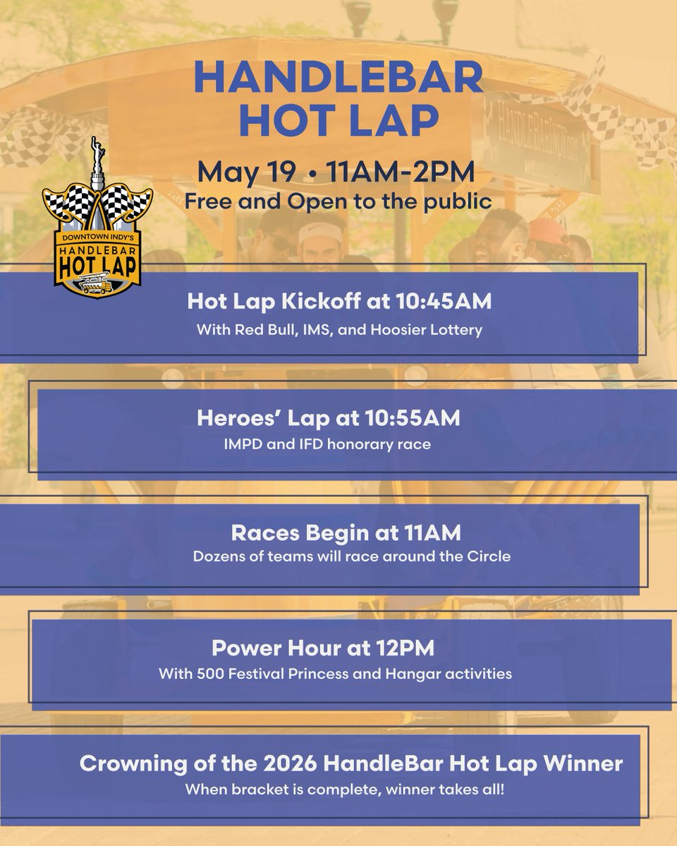 IndyDT's tweet photo. Calling all race fans 🏁

HandleBar Hot Lap takes over Monument Circle tomorrow at 10:45AM! Watch Downtown teams go head-to-head while cheering them on from the sidelines and enjoy special pop ups all day🏎️

Swipe to see the full HandleBar Hot Lap schedule ➡️ https://t.co/zoNWmt5V4f