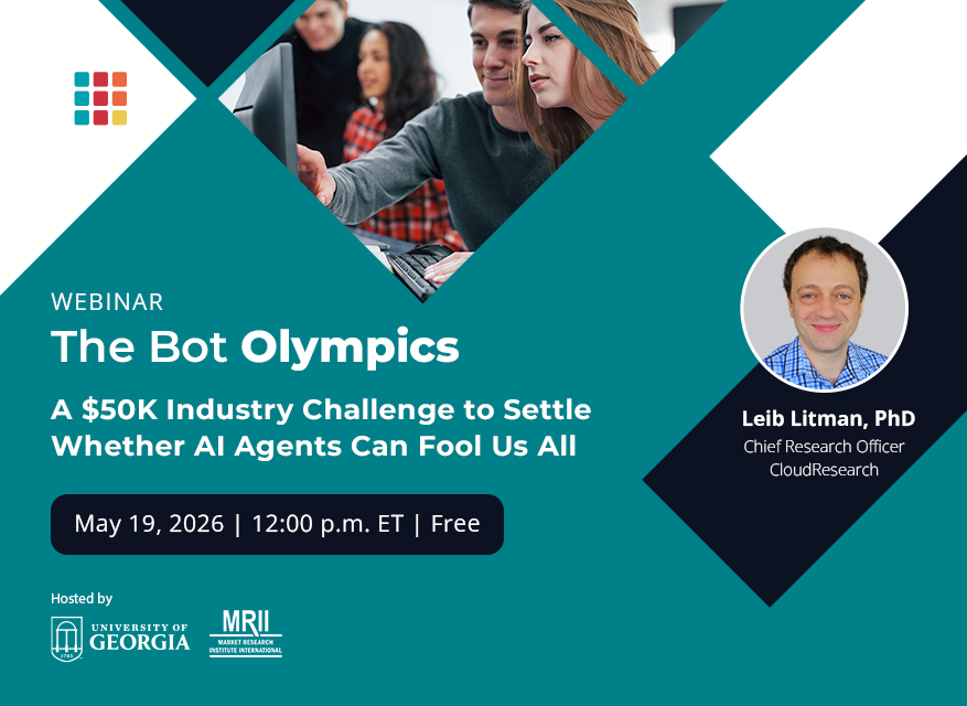 CloudResearch's tweet photo. AI agents completing surveys aren’t just a future risk—they’re a current data quality problem.
We’ve analyzed how these systems behave in real surveys. Tomorrow, we’re sharing what we’ve learned, plus introducing the Bot Olympics: A $50K Industry Challenge with MIT to push detection even further.

Join us: https://t.co/Imqrc023pj

 #DataQuality #AIAgents #BotDetection #IndustryInnovation #onlineresearch