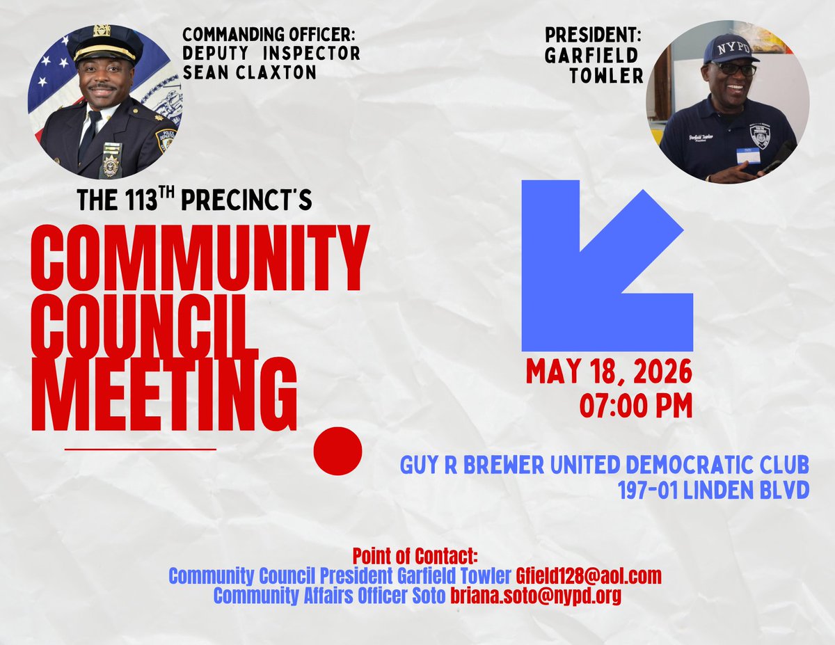 NYPD113Pct's tweet photo. TODAY!!!! 113TH Precinct Community Council Meeting https://t.co/mg3kzmrqUt