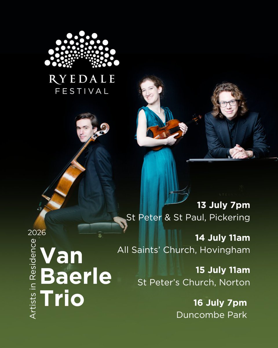 ryedalefestival's tweet photo. We are so thrilled to have the Van Baerle Trio returning to Ryedale this summer - and this time as Artists in Residence, with plenty of opportunities to catch them!

In their four concerts the trio will unfold two musical stories side-by-side with Brahms and Shostakovich, composers who both turned to the past to find ways of speaking to the present. Different in voice and circumstance, they were united by a shared belief that tradition is not something to be preserved, but something to be remade. With pre-concert talks by writer and broadcaster Stephen Johnson.

Monday 13 July 7pm
SPEAKING WITH THE PAST I
St Peter’s and St Paul’s Church, Pickering @PickeringChurch 
𝗩𝗮𝗻 𝗕𝗮𝗲𝗿𝗹𝗲 𝗧𝗿𝗶𝗼
𝗛𝗮𝗻𝗻𝗲𝘀 𝗠𝗶𝗻𝗻𝗮𝗮𝗿 piano

𝗦𝗵𝗼𝘀𝘁𝗮𝗸𝗼𝘃𝗶𝗰𝗵 Preludes and Fugues nos.1–8
𝗕𝗿𝗮𝗵𝗺𝘀 Piano Trio no.1 in B major (1854 version)

plus 6pm PRE-CONCERT TALK I: 𝗦𝘁𝗲𝗽𝗵𝗲𝗻 𝗝𝗼𝗵𝗻𝘀𝗼𝗻 speaker
 
~~~~~
Tuesday 14 July 11am
SPEAKING WITH THE PAST II
All Saints’ Church, Church Street, @HovinghamV 
Coffee Concert
𝗩𝗮𝗻 𝗕𝗮𝗲𝗿𝗹𝗲 𝗧𝗿𝗶𝗼
𝗛𝗮𝗻𝗻𝗲𝘀 𝗠𝗶𝗻𝗻𝗮𝗮𝗿 piano

𝗦𝗵𝗼𝘀𝘁𝗮𝗸𝗼𝘃𝗶𝗰𝗵 Preludes and Fugues nos.9–12
𝗕𝗿𝗮𝗵𝗺𝘀 Piano Trio no.2 in C major

plus 10am PRE-CONCERT TALK II:  𝗦𝘁𝗲𝗽𝗵𝗲𝗻 𝗝𝗼𝗵𝗻𝘀𝗼𝗻 speaker

~~~~~
Wednesday 15 July 11am
SPEAKING WITH THE PAST III
@StPetersNorton 
Coffee Concert
𝗩𝗮𝗻 𝗕𝗮𝗲𝗿𝗹𝗲 𝗧𝗿𝗶𝗼
𝗛𝗮𝗻𝗻𝗲𝘀 𝗠𝗶𝗻𝗻𝗮𝗮𝗿 piano

𝗦𝗵𝗼𝘀𝘁𝗮𝗸𝗼𝘃𝗶𝗰𝗵 Preludes and Fugues nos.13–17
𝗕𝗿𝗮𝗵𝗺𝘀 Piano Trio no.3 in C minor

plus 10am PRE-CONCERT TALK III: 𝗦𝘁𝗲𝗽𝗵𝗲𝗻 𝗝𝗼𝗵𝗻𝘀𝗼𝗻 speaker

~~~~~
Thursday 16 July 7pm
SPEAKING WITH THE PAST IV
@DuncombePark 
𝗩𝗮𝗻 𝗕𝗮𝗲𝗿𝗹𝗲 𝗧𝗿𝗶𝗼
𝗛𝗮𝗻𝗻𝗲𝘀 𝗠𝗶𝗻𝗻𝗮𝗮𝗿 piano

𝗦𝗵𝗼𝘀𝘁𝗮𝗸𝗼𝘃𝗶𝗰𝗵 Preludes and Fugues nos.18–24
𝗕𝗿𝗮𝗵𝗺𝘀 Piano Trio no.1 in B major (1889 version)

plus 6pm PRE-CONCERT TALK IV: 𝗦𝘁𝗲𝗽𝗵𝗲𝗻 𝗝𝗼𝗵𝗻𝘀𝗼𝗻 speaker

Tickets are already moving quickly for all of the trio's concerts - book yours now!