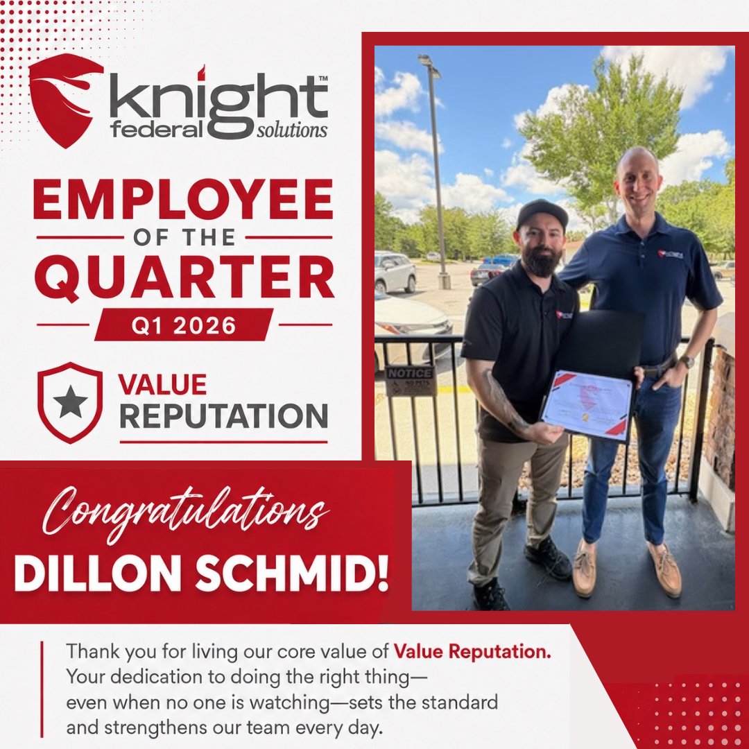 KnightFederal's tweet photo. Recognizing excellence in action.

We’re proud to celebrate Dillon Schmid as our Employee of the Quarter (Q1 2026) for exemplifying our core value of Value Reputation, doing the right thing, even when no one is watching.

His dedication, professionalism, and commitment to high standards continue to strengthen our team and the mission we support.

Congratulations, Dillon, and thank you for setting the example.

#KnightFederal #EmployeeRecognition #ValueReputation #TeamExcellence #MissionFocused