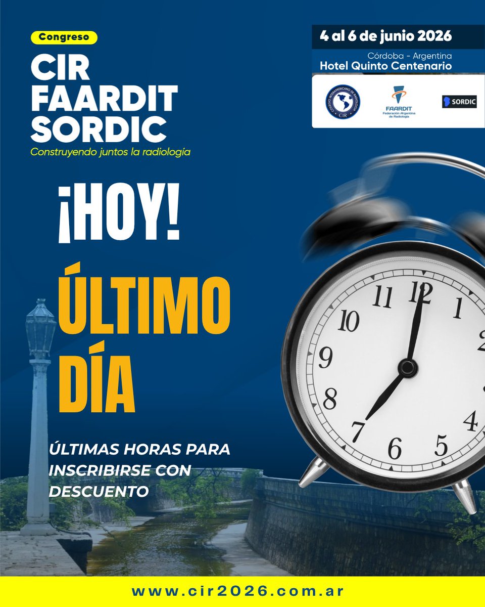 FAARDIT's tweet photo. ⏳ ¡Falta poco! Córdoba se prepara para recibir al #CIR2026.

¿Ya te inscribiste? Quedan solo hoy 18-05 con inscripción a precio promocional 🔗 https://t.co/AL236gySXX

¡Asegura tu lugar!

#CIR2026 #Radiología #Córdoba #Congreso #CIR #FAARDIT #SORDIC https://t.co/fDZJIFDg0z