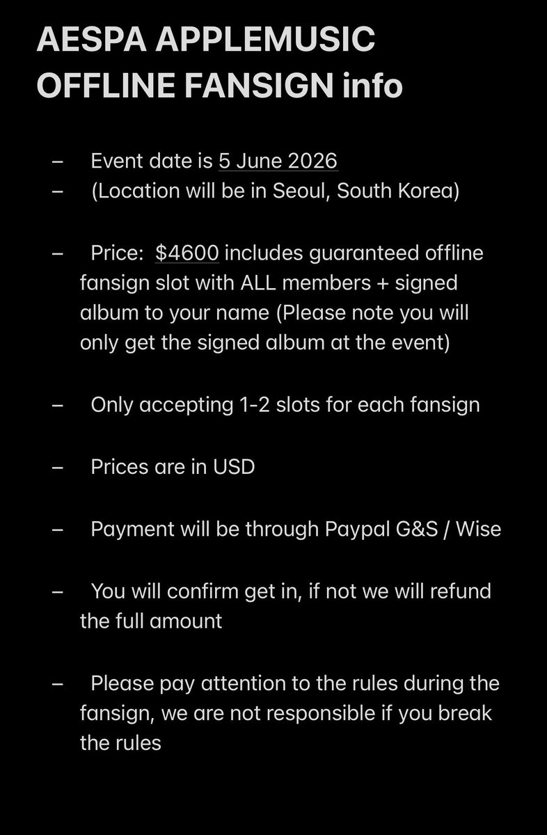 1DOLSFASHION's tweet photo. Accepting #AESPA guaranteed fansign slot for APPLEMUSIC offline fansign in Seoul! Ending tomorrow 

You can talk to ALL members in person + get an album signed to your name! dm us if interested~ 
✅ 100% WIN ✅

❗️Please read ALL details in the second pic before dming! https://t.co/oQeP1GoNHP