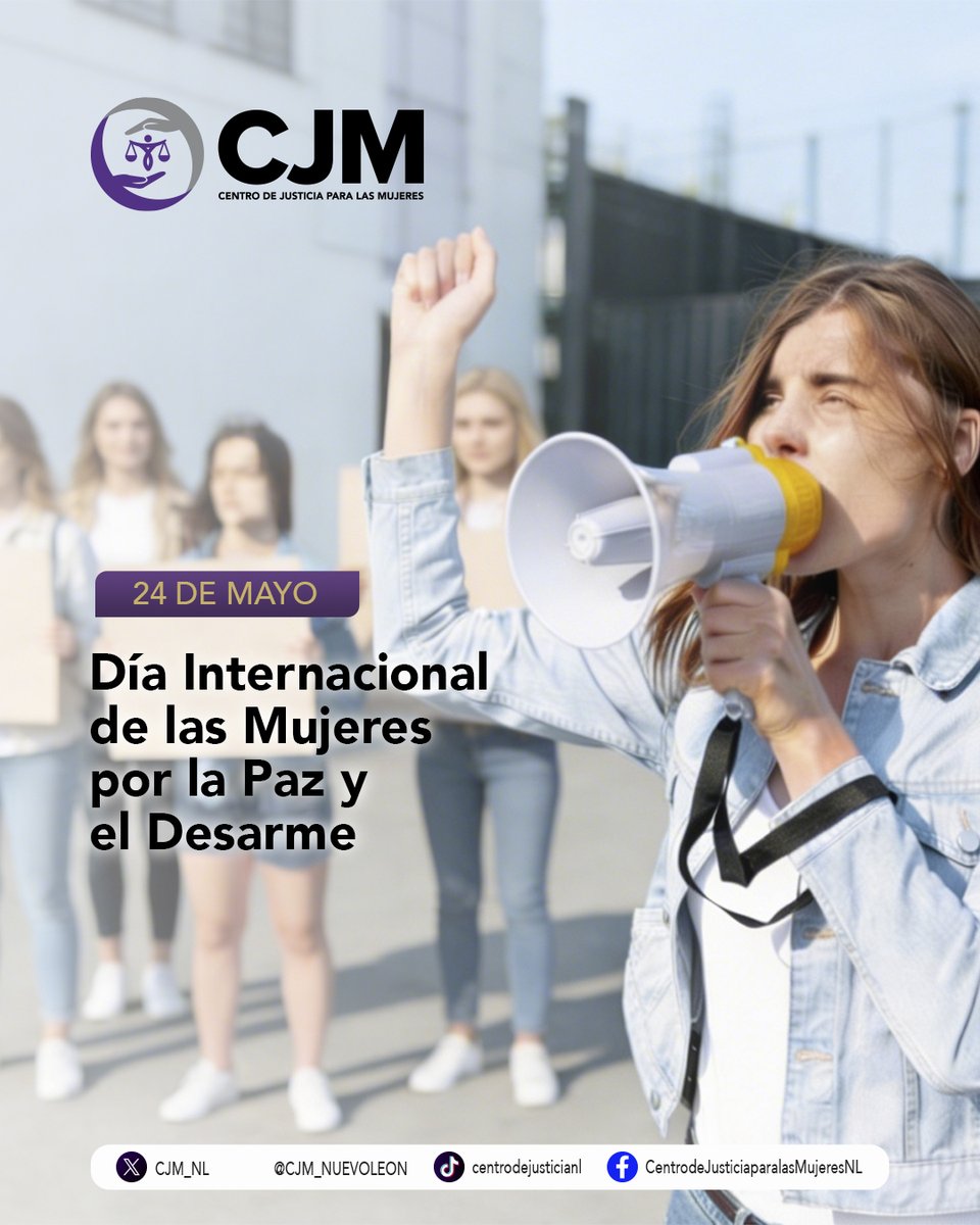 CJM_NL's tweet photo. 🕊️💜 24 de mayo: Día Internacional de las Mujeres por la Paz y el Desarme 💜🕊️
La paz no es solo la ausencia de guerras; la paz es vivir sin miedo dentro de nuestras propias casas y comunidades.

Hoy conmemoramos la fuerza de las mujeres que, a lo largo de la historia, han alzado la voz para exigir un mundo libre de violencia militar, comunitaria y doméstica. El desarme es una pieza clave para lograrlo: la presencia de armas de fuego en el entorno civil multiplica exponencialmente el riesgo para las mujeres.

📊 El impacto de las armas en la violencia de género:
En México: De acuerdo con datos del Secretariado Ejecutivo del Sistema Nacional de Seguridad Pública y organizaciones civiles, más de la mitad de los feminicidios en el país se cometen con armas de fuego.

En Nuevo León: La presencia de armas en el hogar no brinda "protección"; al contrario, diversos estudios señalan que un arma de fuego en una situación de violencia familiar aumenta en un 500% la probabilidad de que un episodio de agresión termine en un feminicidio.

Las mujeres no solo somos víctimas de los entornos violentos, somos las principales constructoras de paz. Desde la crianza, el liderazgo comunitario y la exigencia de políticas públicas seguras, las mujeres transformamos realidades.

En el Centro de Justicia para las Mujeres, trabajamos todos los días para construir espacios seguros, desarmar las conductas violentas y brindar el apoyo integral que permita a las mujeres recuperar su tranquilidad y su vida.

📢 ¡La paz se construye en comunidad!
Para desarmar la violencia, primero debemos visibilizarla. Comparte esta información con tus amigas, familia y vecinas. Juntas tejemos redes de apoyo más fuertes que cualquier arma. 🔄✨

#MujeresPorLaPaz #DíaDeLaPazYElDesarme #cjmtulugarseguro #NiUnaMás #CentroDeJusticiaParaLasMujeres
