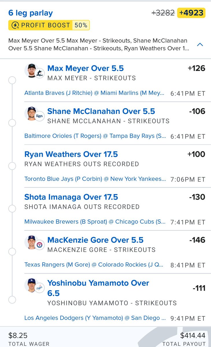 bet_philly's tweet photo. 🚨 Monday night MLB ⚾️ 🚨
Early profit boosted pitchers slip. Another disgusting miss by 1 yesterday 👎🏼. Play your faves solo, make your own or tail. Bet responsibly
#gamblingX #mlbbets #mlbparlay #baseballparlay #fanduel #profitboost #strikeoutprops #pitcherprops #samegameparlay https://t.co/oHXaXzTbWP