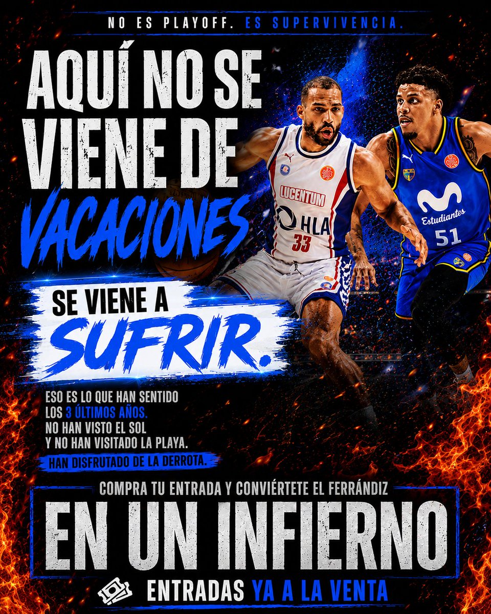 FundLucentum's tweet photo. 🏀 ESTO ES UN PLAYOFF 🏀

⚔️ Sin piedad.
⛓️ Sin descanso.
🔥 QUE ARDA EL FERRÁNDIZ.

🎟️ Entradas disponibles: https://t.co/b5q6HclEjK https://t.co/830pVhzTqL