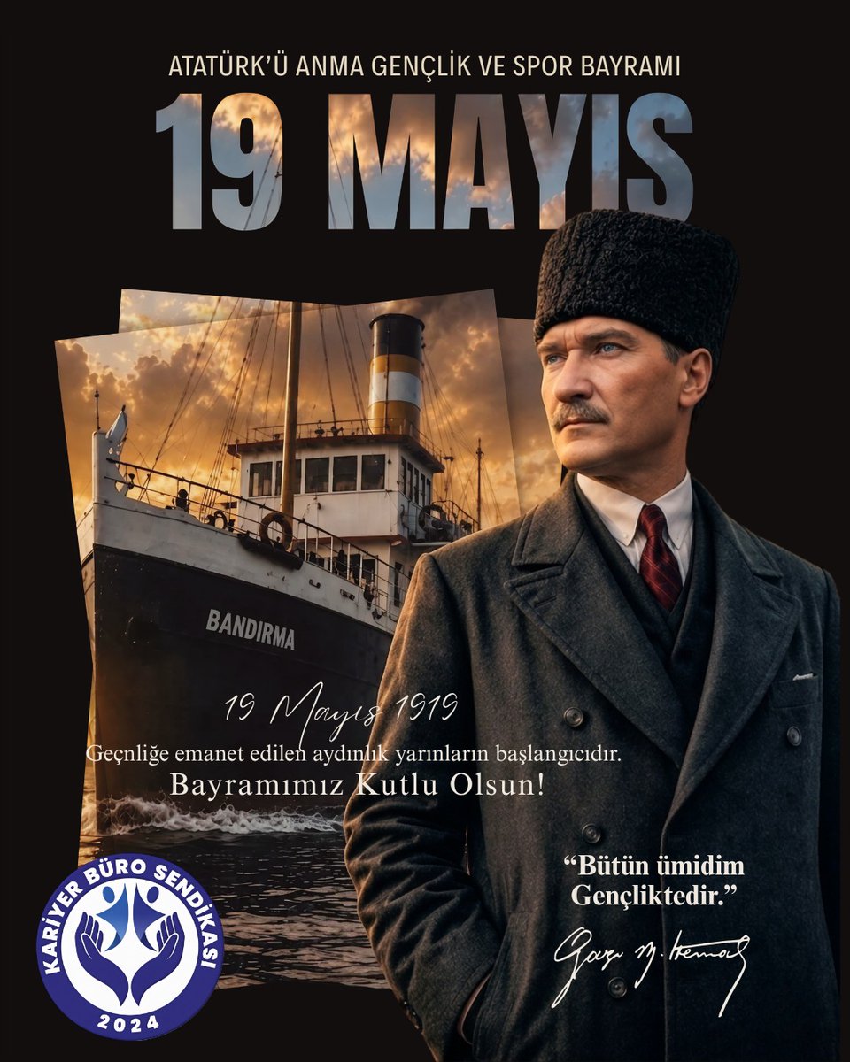 KariyerBuroSEN's tweet photo. Gazi Mustafa Kemal Atatürk’ün gençliğe armağan ettiği 19 Mayıs; bağımsızlık ruhunun, milli mücadelenin ve geleceğe duyulan inancın simgesidir.

Aziz milletimizin istiklal yürüyüşünün başlangıcı olan bu anlamlı günde; Cumhuriyetimizin kurucusu Mustafa Kemal Atatürk başta olmak üzere tüm kahramanlarımızı rahmet, minnet ve saygıyla anıyoruz.

Gençliğin azmi, emeği ve kararlılığıyla Türkiye’nin yarınlarının daha güçlü olacağına inanıyor; milletimizin ve tüm gençlerimizin 19 Mayıs Atatürk’ü Anma, Gençlik ve Spor Bayramı’nı kutluyoruz.

#19Mayıs
#AtatürküAnmaGençlikveSporBayramı
#KariyerBüroSendikası
#KariyerBüroSen