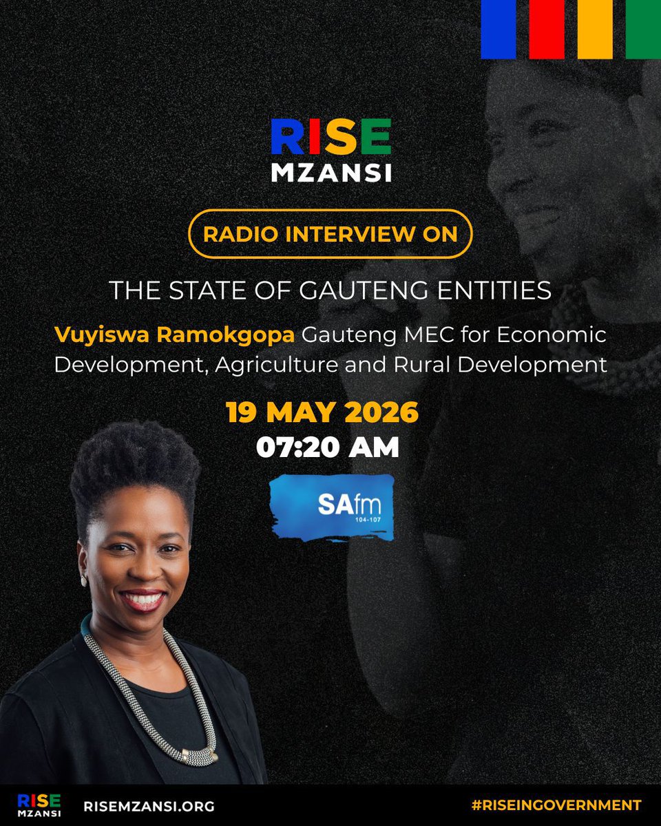 Rise_Mzansi's tweet photo. Catch @VuyiswaRamokgop MPL, RISE Mzansi National Chairperson and Gauteng MEC for Economic Development, Agriculture and Rural Development, as she unpacks the state of Gauteng’s public entities and the work to restore accountability and performance.

#RISEMzansi #RISEinGovernment https://t.co/XVv6sa4lXS