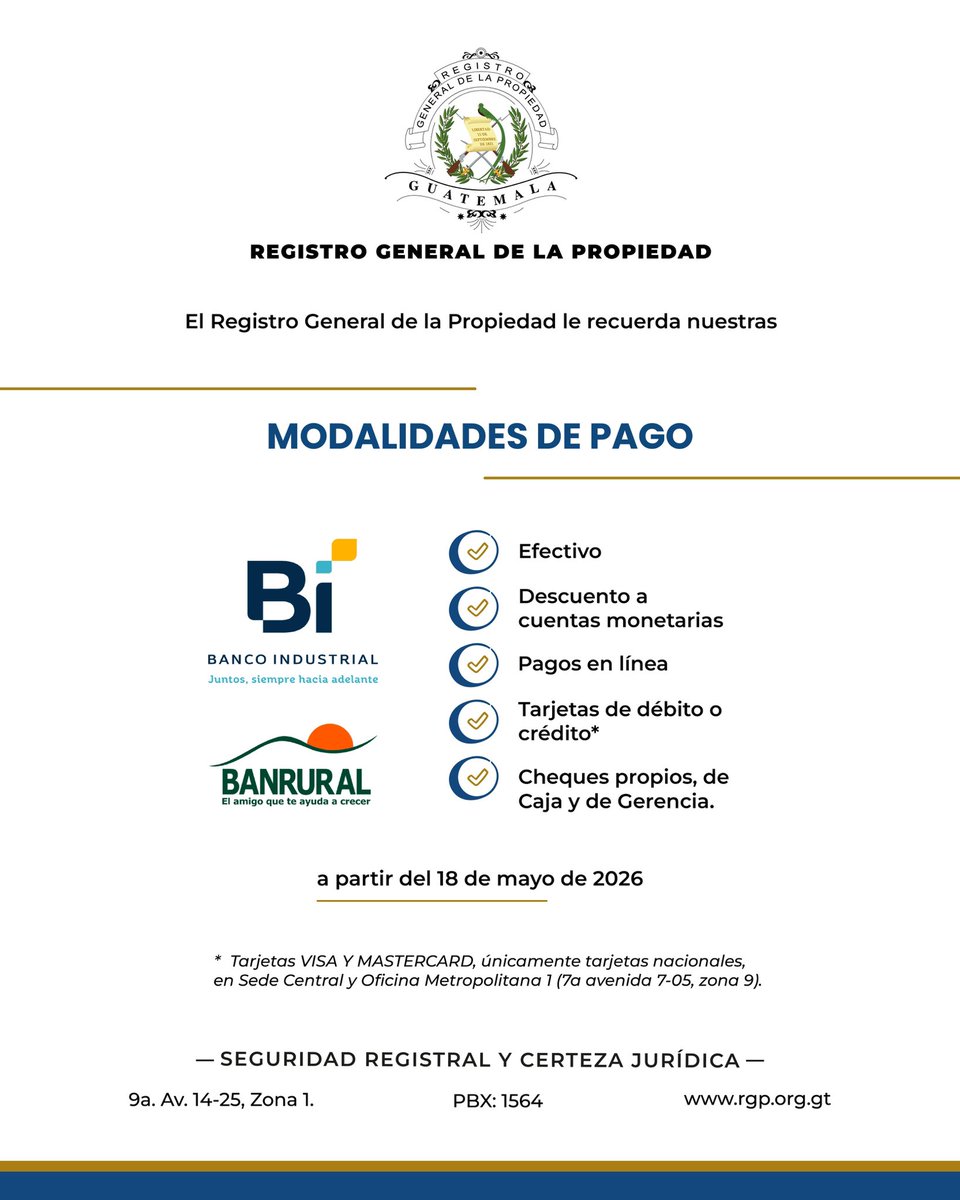 RGP_gt's tweet photo. Conozca nuestras modalidades de pago.

#registro #rgp_gt https://t.co/mPA2TihZIE