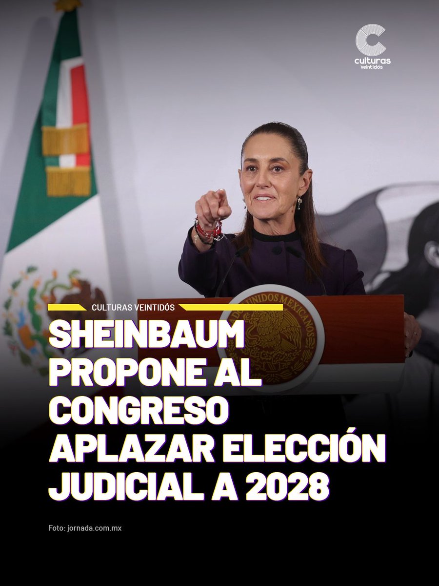 Canal22's tweet photo. La presidenta Claudia Sheinbaum enviará hoy al Congreso una iniciativa para que la elección judicial prevista para 2027 se realice en 2028.

Entre las propuestas se plantea reducir el número de candidaturas y simplificar las boletas para facilitar el voto de la ciudadanía. 🗳️

📲 Entérate de esto y más en #CulturasVeintidós: https://t.co/TyhyVK1MRy