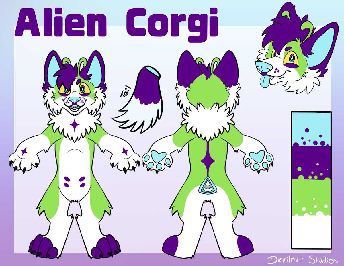 DevilmuttStudio's tweet photo. Saw a really cute corgi yesterday and was inspired to make an oc! 

Any name ideas? Looking for something alien like but also cute https://t.co/I4nBMYlx4I