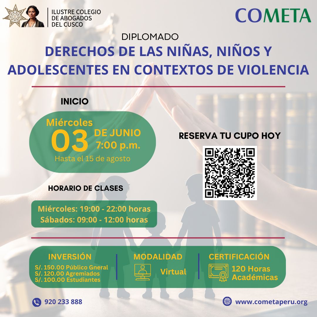 Cometa_Peru's tweet photo. 📚 Diplomado Virtual: Derechos de las Niñas, Niños y Adolescentes en Contextos de Violencia.
🗓️ Del 3 de junio al 15 de agosto
🌎 Con ponentes internacionales
💻 Modalidad virtual
🎓 120 horas académicas
🔗 Inscríbete:
https://t.co/WpyT8GGPFy
#Diplomado #DerechosDeLaNiñez #COMETA https://t.co/PoQuMlYvWG