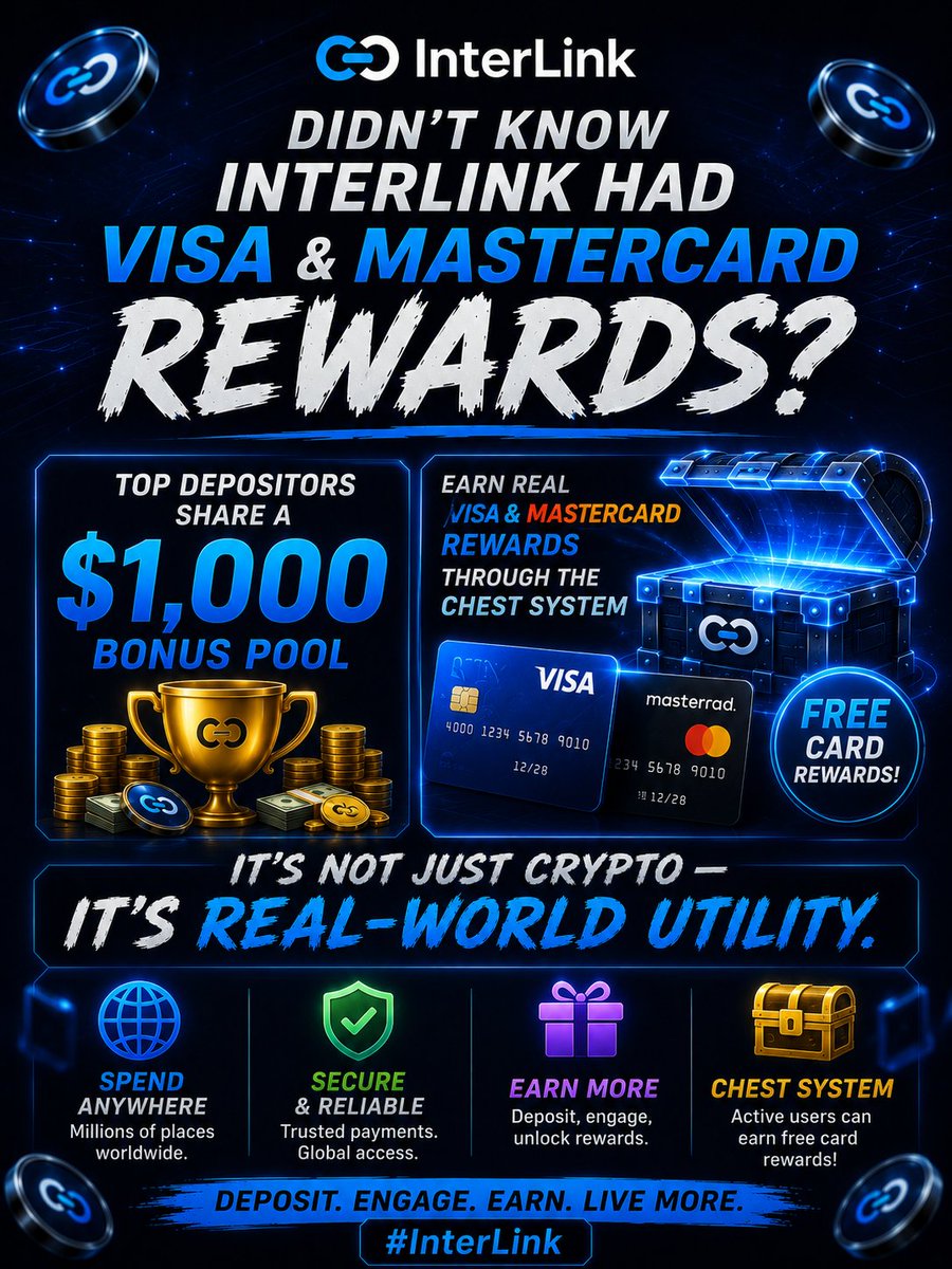 Revanth9493's tweet photo. InterLink offers Visa and Mastercard rewards? 💳💰 Top depositors share a $1000 bonus pool! It's real-world utility, not just crypto. Spend globally, earn more, and get free card rewards! 🌍 #InterLink #ITLG #ITL #ITLX

@chakri_prince11 
@kv_interlink 
@queentanisaX 
@reina_itl https://t.co/i4fV26IKjJ
