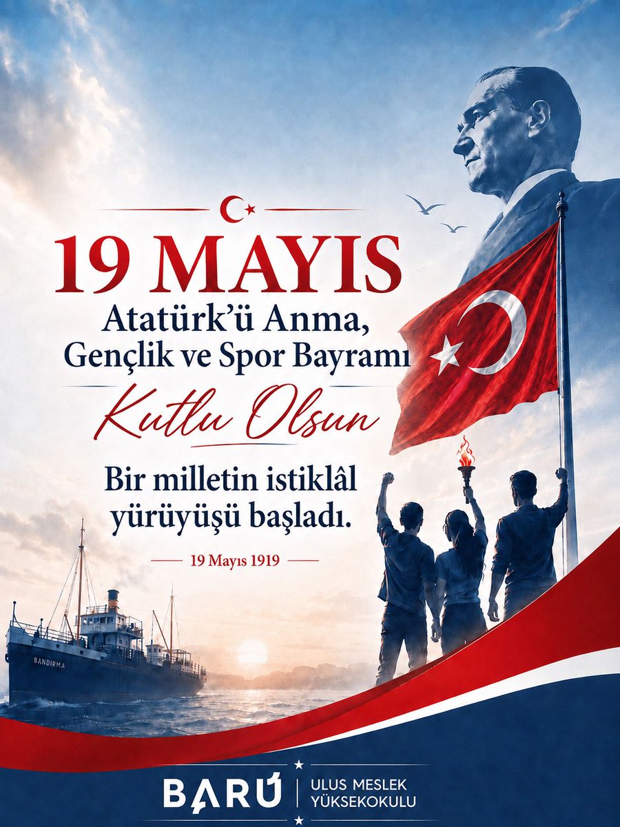 BARU_UlusMyo's tweet photo. 19 Mayıs, gençliğin ve bağımsızlık ruhunun bayramı. Atatürk'ü anıyor, gençlerin enerjisiyle geleceğe umutla bakıyoruz. Hepimizin bayramı kutlu olsun #19mayıs1919 https://t.co/wZeEsJiqeb