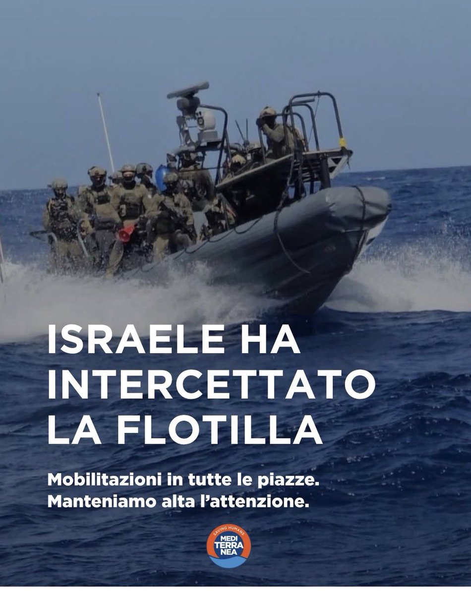 RescueMed's tweet photo. La Marina militare israeliana ha intercettato la #Flotilla al largo di Cipro. Decine le attivistə sequestratə. È l’ennesimo atto di pirateria in mare contro imbarcazioni che trasportano aiuti a una popolazione sotto assedio. Liberə tuttə subito e corridoio umanitario per #Gaza. https://t.co/9TGfcKD4vJ