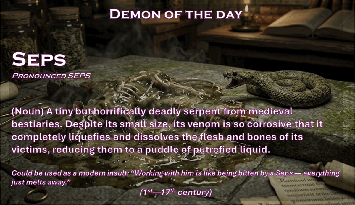 deanpb_author's tweet photo. Old demon (monster) of the day - Seps

I’ve always been fine with snakes until now 😱

#booktok #OldWordOfTheDay #OldWords #WordOfTheDay #Demons #Monsters https://t.co/h8xMCSdSRL