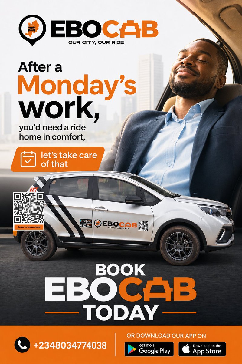 officialebocab's tweet photo. Mondays can be stressful, but getting home shouldn’t be 🚘
Ride in comfort with Ebocab after a long day at work. Book your ride today 💯
#Ebocab #OurCityOurRide #MondayStress #RideInComfort #BookEbocab https://t.co/DnvEJAzmoM