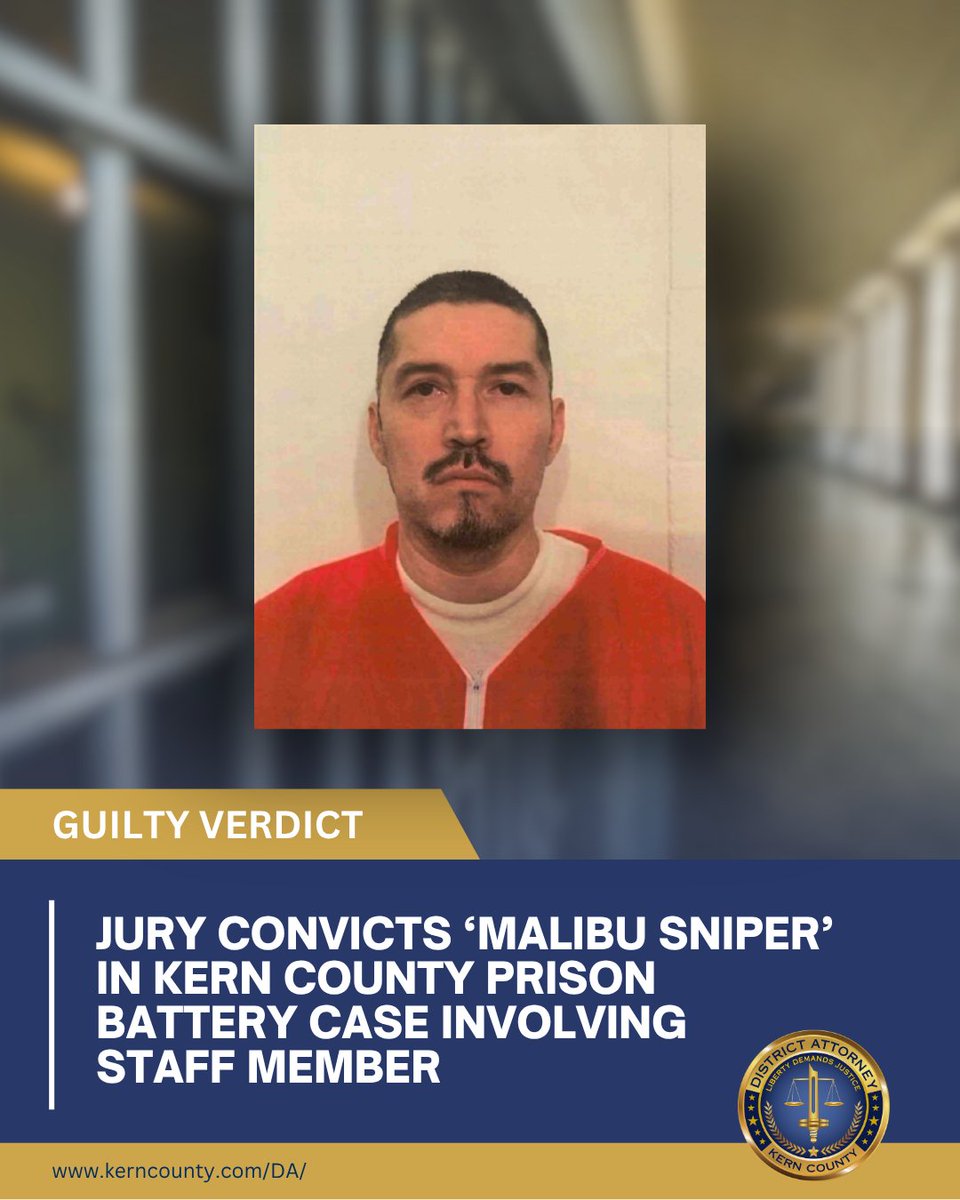 KernCountyDA's tweet photo. A man infamously known as the ‘Malibu Sniper’ for a series of attacks at Malibu Park in 2018, has been convicted of battering a physician while serving his sentence at Kern Valley State Prison.

Read more: https://t.co/H4xjCVleQH https://t.co/Fhk0Kal268