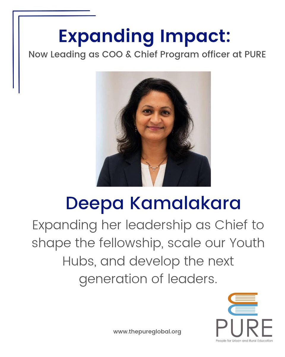 thepureglobal's tweet photo. Leadership announcement at PURE Youth ✨

Deepa Kamalakara is stepping into the role of Chief Program Officer while continuing as COO.

She will help lead program strategy, scale our Youth Hubs, and guide the Fellowship starting with Cohort 10. Excited for this next chapter. https://t.co/ixD6m1nCFU