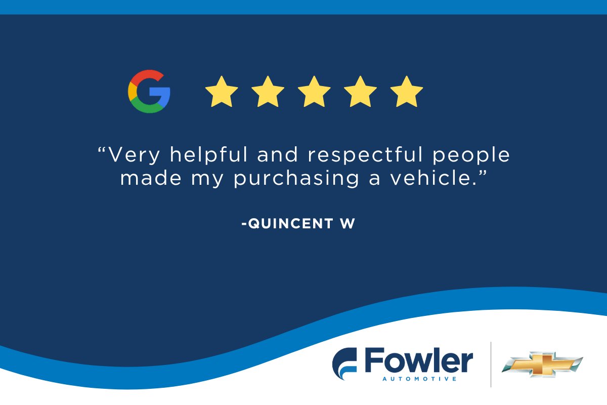 fowlerchevyco's tweet photo. Shoutout to Quincent for the ⭐⭐⭐⭐⭐ Review! Thank You for Trusting Fowler Chevrolet With Your Vehicle Needs 🚙💨 #Fowler #FowlerAuto #Auto #FowlerChevrolet @fowlerauto https://t.co/xwuRCiiTqa