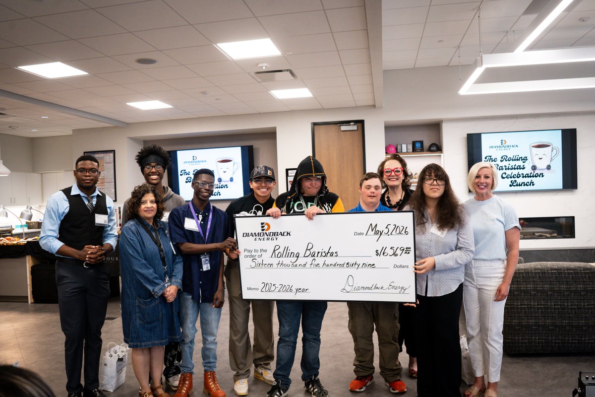 Diamondback_EP's tweet photo. That’s a wrap on year three of our Rolling Barista program! Celebrating these students and the impact they’re making throughout the school year is one of our favorite things at Diamondback. Students build social and work-readiness skills at our headquarters by providing coffee and breakfast to employees.

The Rolling Baristas raised more than $16,000 in tips, which directly supports the Transition Programs at @Midland_ISD's @MidlandHigh_MHS and @Legacyrebels. We’re so proud of the work they put in this school year and can’t wait to welcome them back in the fall! ☕️👏