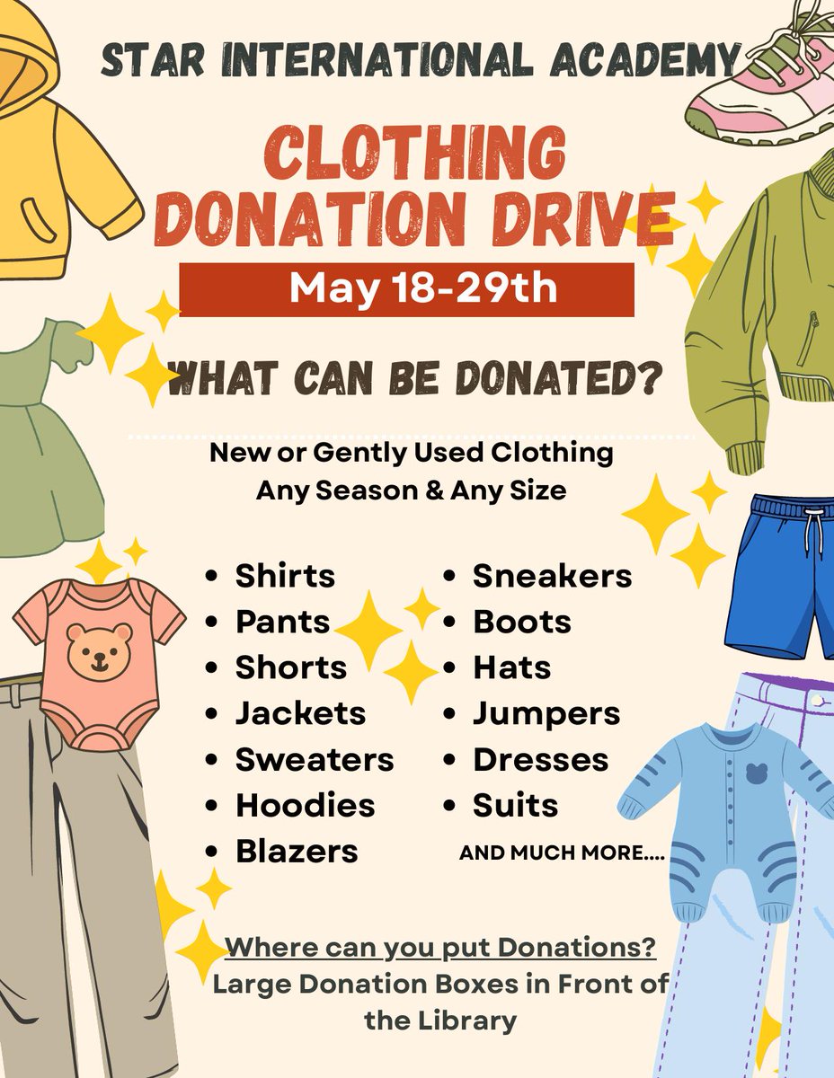 StarIntAcademy's tweet photo. SIA National Honor Society Clothing Donation Drive May 18-29 https://t.co/C6qin8NGMP via @ParentSquare https://t.co/IGgrJ9mef2