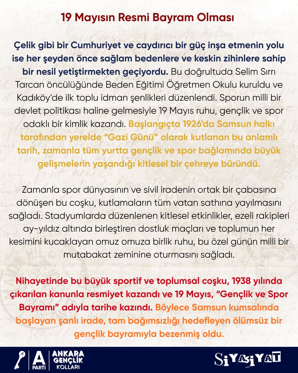 anahtar06genc's tweet photo. SİYASİYAT YAYINDA!

📰 “19 Mayıs ve Türk Gençliği”

Haftalık bültenimiz Siyasiyat ile karşınızdayız.
Gündeme dair yazılarımız ve ''Kulis Dışı'' başlığıyla Anahtar Parti’nin haftalık gelişmelerini derlediğimiz yayınımızı siz değerli takipçilerimize sunuyoruz. https://t.co/EGIKetaBex