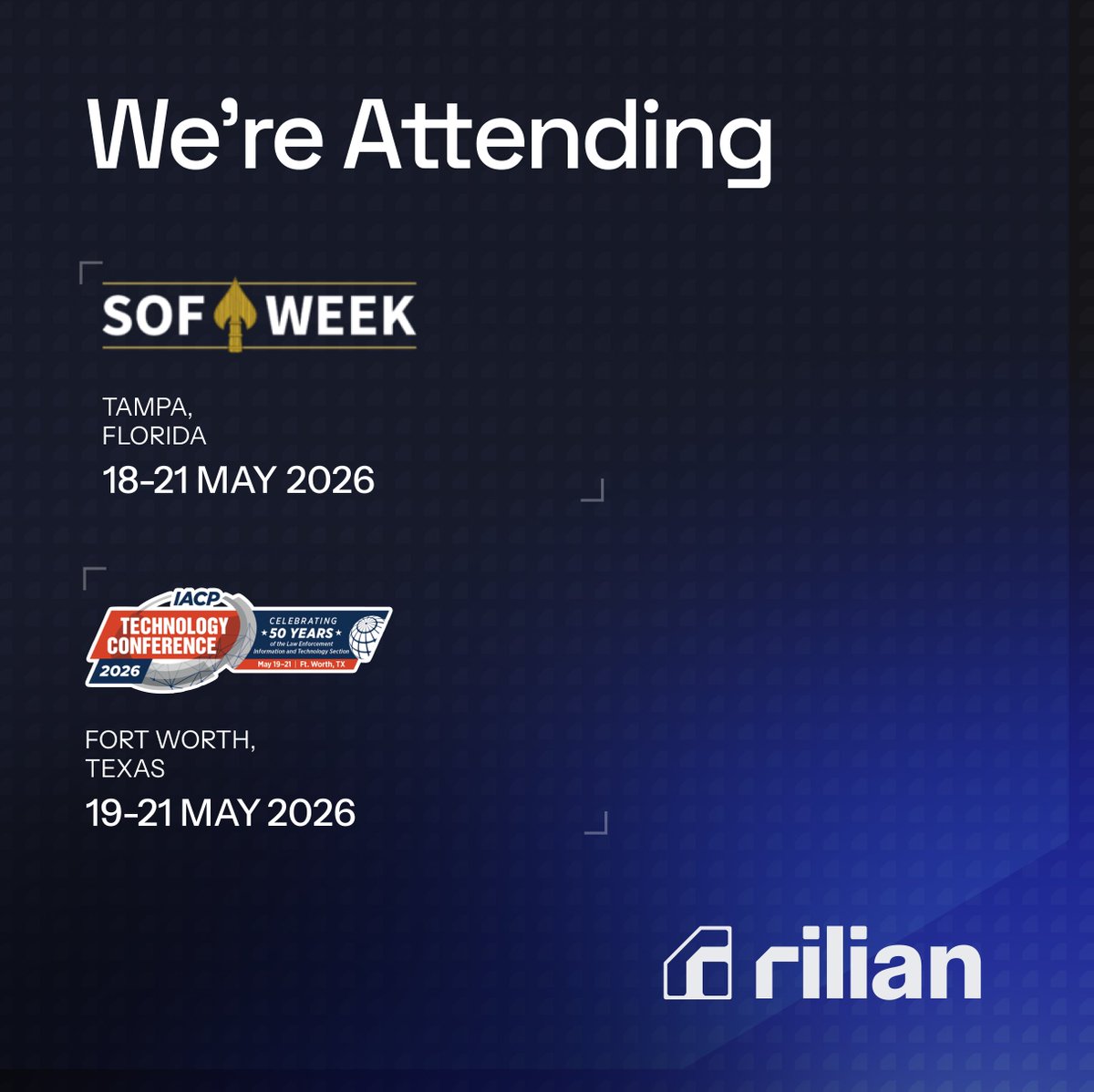 RilianTech's tweet photo. We show up where it matters. SOF Week in Tampa and IACP Tech Conference in Fort Worth this week.

@USSOCOM @GlobalSOF @TheIACP https://t.co/DX5FpKTWGA