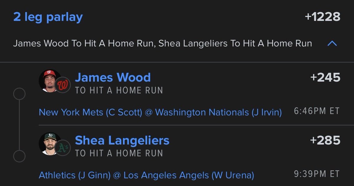 Venz_BullyBets's tweet photo. MLB Bet 5/18/26 💰
Monday Home Run Parlay ⚾️🏠🔥

2 Leg HR Parlay (+1228)💰💣💥
- James Wood 🪵
- Shea Langeliers 🟡

BOMBS AWAY 🤑💣💥⚾️
FOLLOW ‼️ https://t.co/BexmjkMGnn