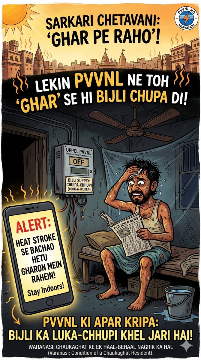 Shiv_INC's tweet photo. आज शाम ALERT मैसेज आया, की HEAT STROKE से बचाव हेतू, अपने अपने घरों में रहें।
मगर घर रहने पर @PVVNLHQ @UPPCLLKO अपनी कृपा बरसाए हुए है,दोपहर से अबतक लुकाछुपी का खेल जारी है।
बिजली सप्लाई सुचारु रूप से पाने की उम्मीद लगाए बैठा वाराणसी के चौकाघाट स्थित पावरग्रिड से जुड़ा एक नागरिक। https://t.co/tBBeUCAoAE