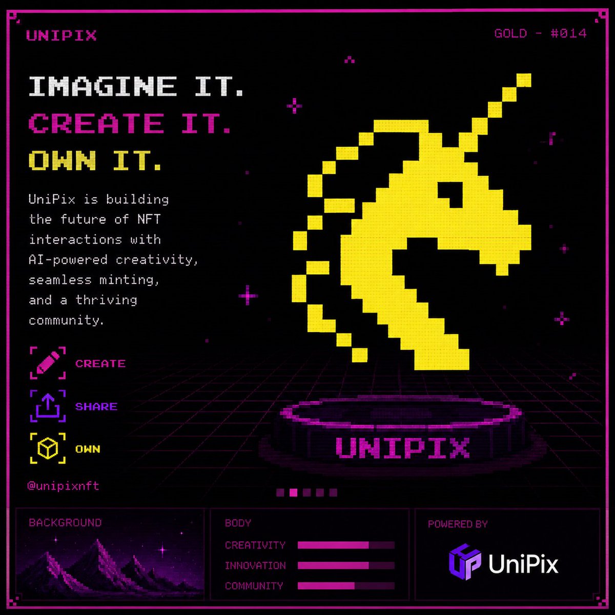 Yronax's tweet photo. Diving into the future of NFT interactions with @unipixnft  🎨⚡
AI-powered creativity, seamless minting, and a community built for creators & collectors alike.
Stage 02 is LIVE — this is where innovation meets ownership. 🔥🟪

#UniPix #NFT #Web3 #AIArt #DigitalOwnership

https://t.co/XIg7DnL9dM