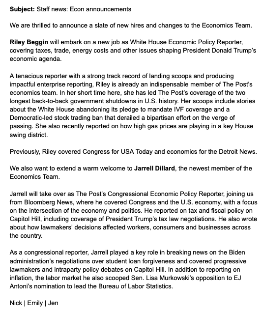 WashPostComms's tweet photo. 🚨New roles on our Economics team: 

@rbeggin will begin a new position as White House Economics Policy Reporter 

@JarrellTDillard joins The Post as Congressional Economics Policy Reporter

⤵️Announcement below https://t.co/6GUZcEqP3P