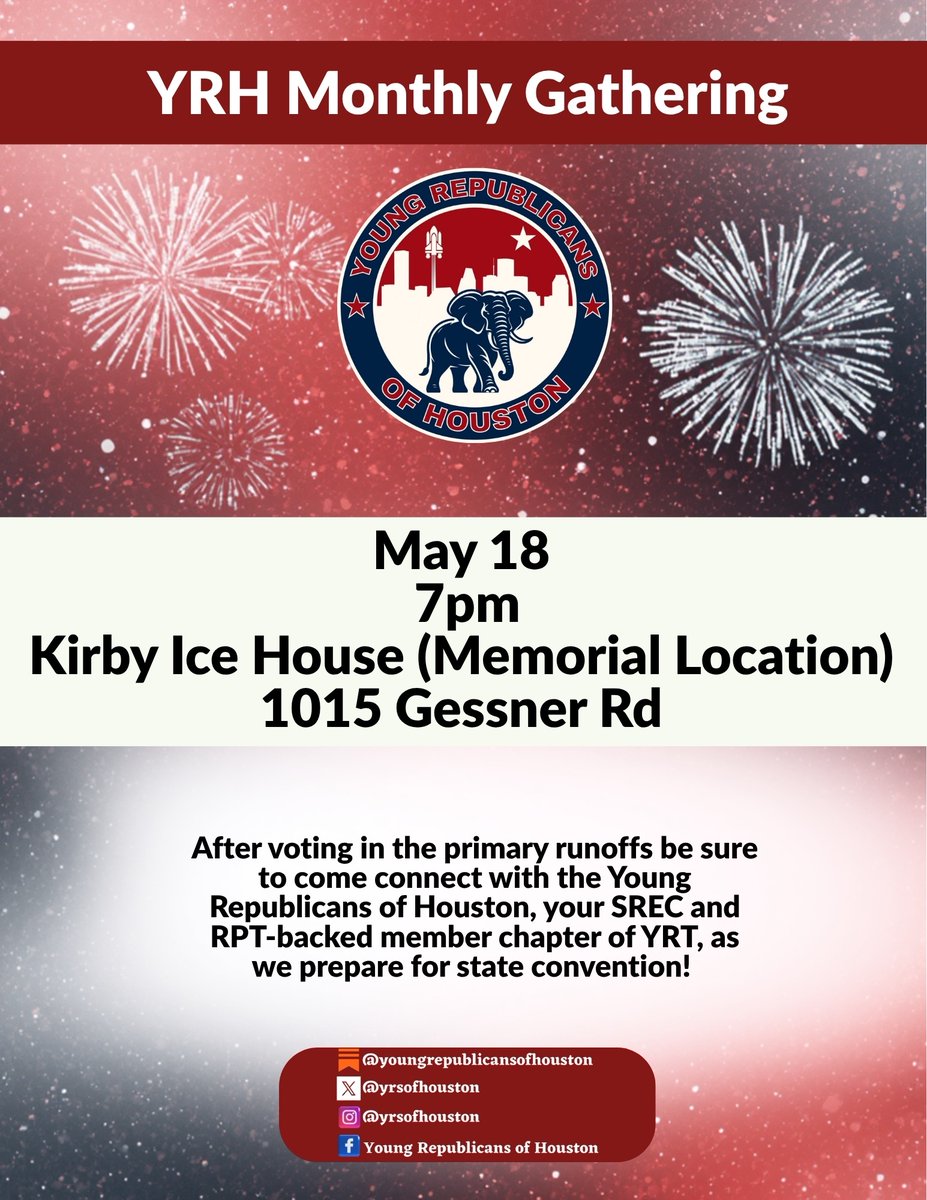 yrsofhouston's tweet photo. Early voting for the Republican primary runoff election begins today 🗳️

Vote @houston_cf @HaleForTexas @KenPaxtonTX 

Early voting is May 18-May 22 from 7am-7p. Election Day is May 26 

Join us tonight at Kirby Ice House! 

Mark your calendars for our meetings June 4 and 25 https://t.co/zSOaYODCcX