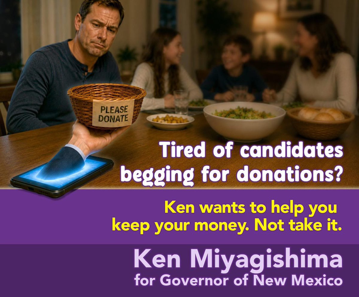MayorKenLC's tweet photo. Times are tough right now. From the grocery store checkout line to your monthly housing costs, I know that regular New Mexicans are feeling the financial squeeze. That’s why you might have noticed something radically different about my campaign for Governor.

I have never run an advertisement asking you for a donation. 🛑💰

Why? Because I firmly believe a true grassroots campaign shouldn’t put a financial burden on the very people it’s trying to lift up. Running for office should be about listening to your struggles, not adding to them.

Instead of relying on deep-pocketed special interests or badgering everyday citizens for your hard-earned dollars, I am building this campaign the old-fashioned way: through community conversations, shared solutions, and a deep, 30-year track record of public service.

We don't need a campaign funded by political machines. We need a leadership approach that respects your wallet and prioritizes your family.

Let's change New Mexico together—no entry fee required.

Learn more and get involved: ➡️ https://t.co/10IRDyeX8B

#KenForNewMexico #PeopleOverPolitics #GrassrootsMovement #NewMexicoFirst #Miyagishima2026
