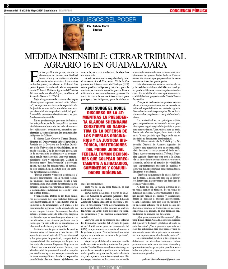 bourjack's tweet photo. Les comparto mi columna: Cierran el  Tribunal Agrario de Guadalajara dejando sin acceso a la justicia  a miles de ejidatarios, comunidades indígenas y comuneros. Es aceptable sacrificar la justicia en nombre de la austeridad?
Link: https://t.co/50Y982VMeC https://t.co/ygwpUvcEIF