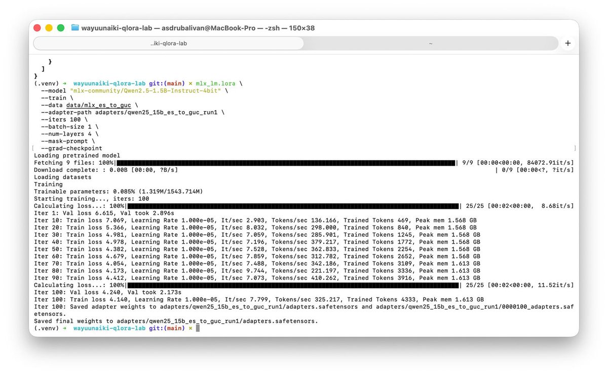 AsdrubalCodes's tweet photo. Estoy entrenando un modelo de inteligencia artificial pequeño para que hable algo de Wayuunaiki. Se llama Qwen2.5-1.5B-Instruct-4bit. 

Les iré contando como va, mientras construyo en público!