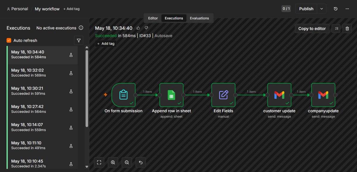 LapozioBoBo's tweet photo. New week. New systems.

Spent today building a real workflow automation for a laundry business using n8n + Google Workspace.

Customer submits form → data stored → automated emails sent → company receives instant order updates. https://t.co/TEeytLoq6w